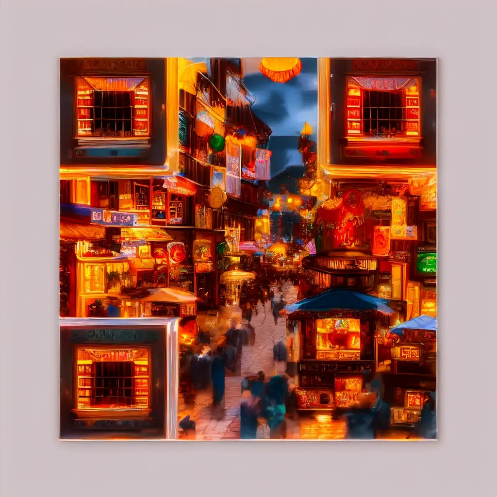AI QR code design styled as a photorealistic old-city market street with bustling stalls and awnings