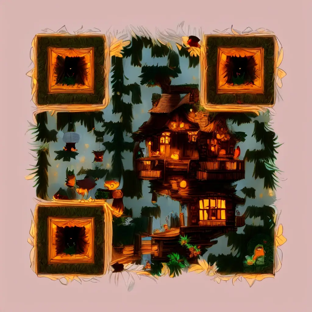 AI QR code design styled as a cartoon owl teaching forest creatures inside a cozy treehouse