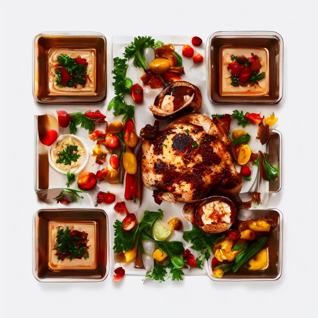 AI QR code design styled as a whole roasted chicken with crispy golden skin, herbs and roasted vegetables
