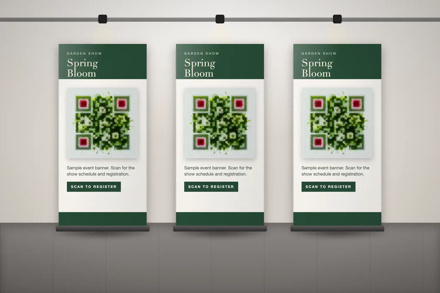 Artistic AI QR code made of foliage and flowers repeated across three event banner stand mockups