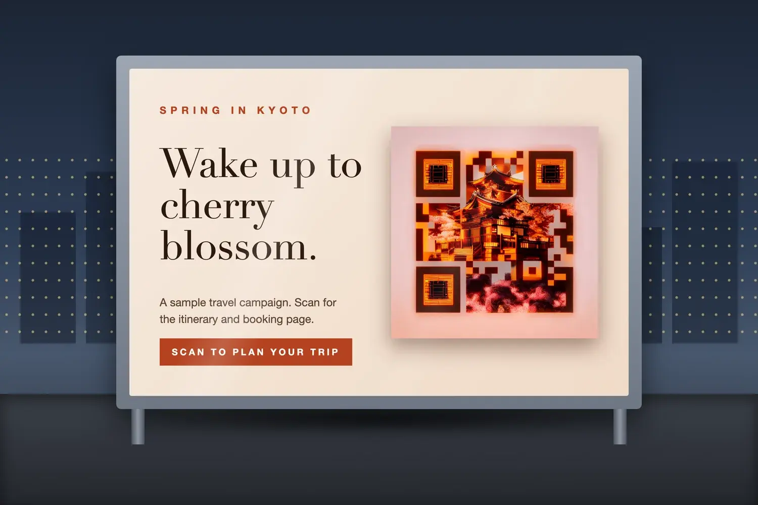 Artistic AI QR code made from a Japanese temple among cherry blossoms, displayed on an out-of-home poster mockup