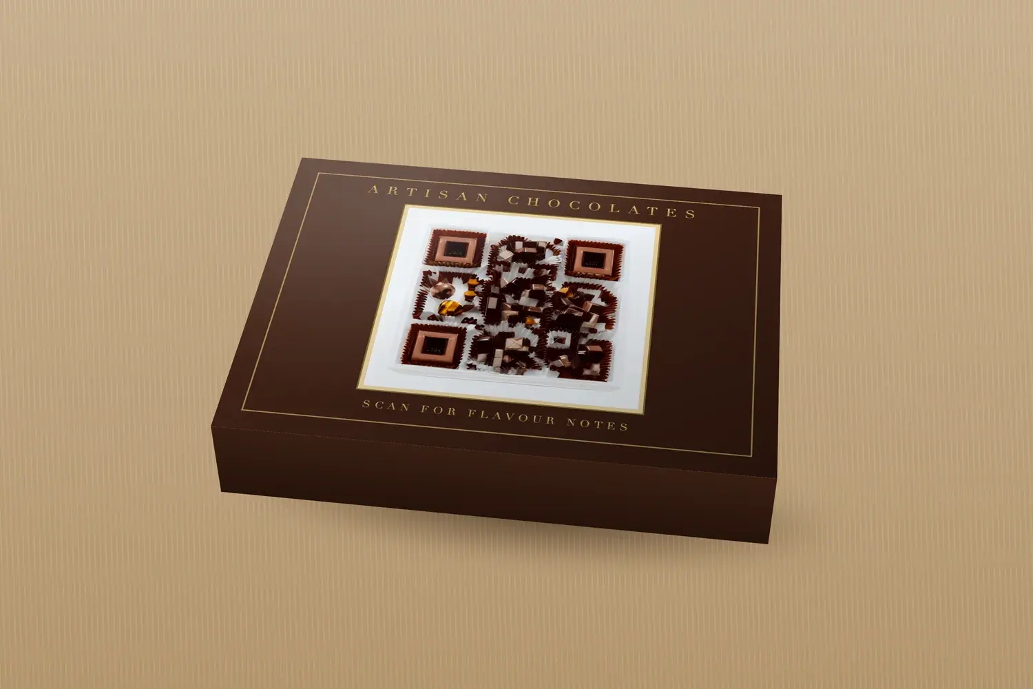 Artistic AI QR code made of chocolates in paper cases displayed on an artisan chocolate box packaging mockup