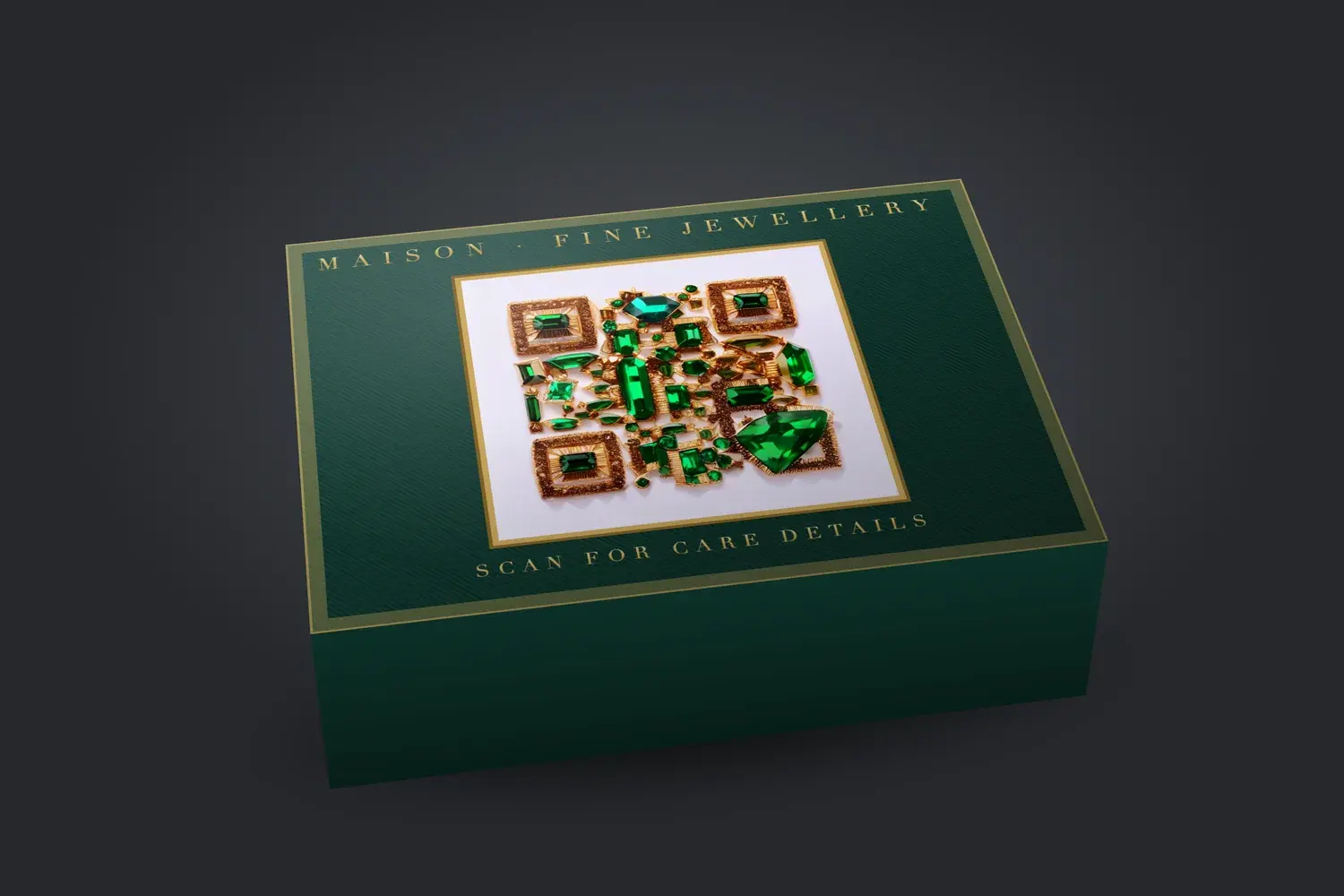 Artistic AI QR code made of emeralds and gold displayed on the lid of a luxury jewellery gift box mockup