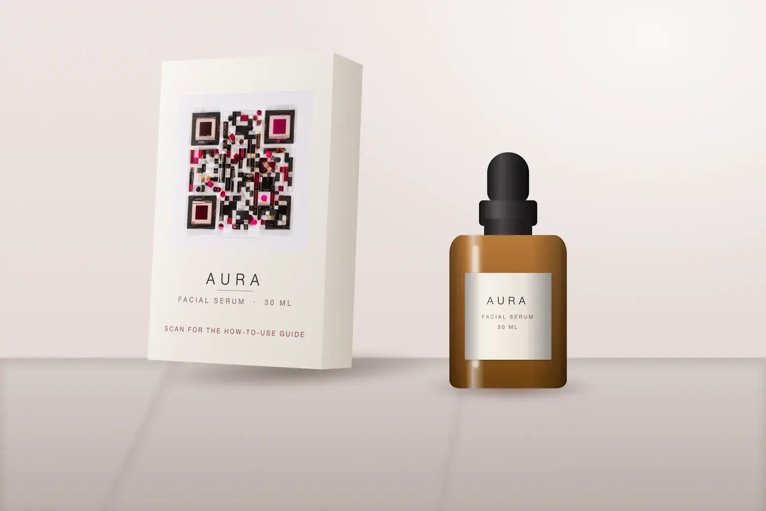Artistic AI QR code made of lipsticks and makeup on a skincare carton, shown beside an amber dropper bottle in a packaging mockup