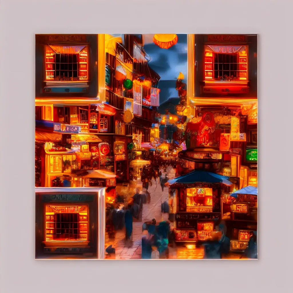 AI QR code design styled as a photorealistic old-city market street with bustling stalls and awnings