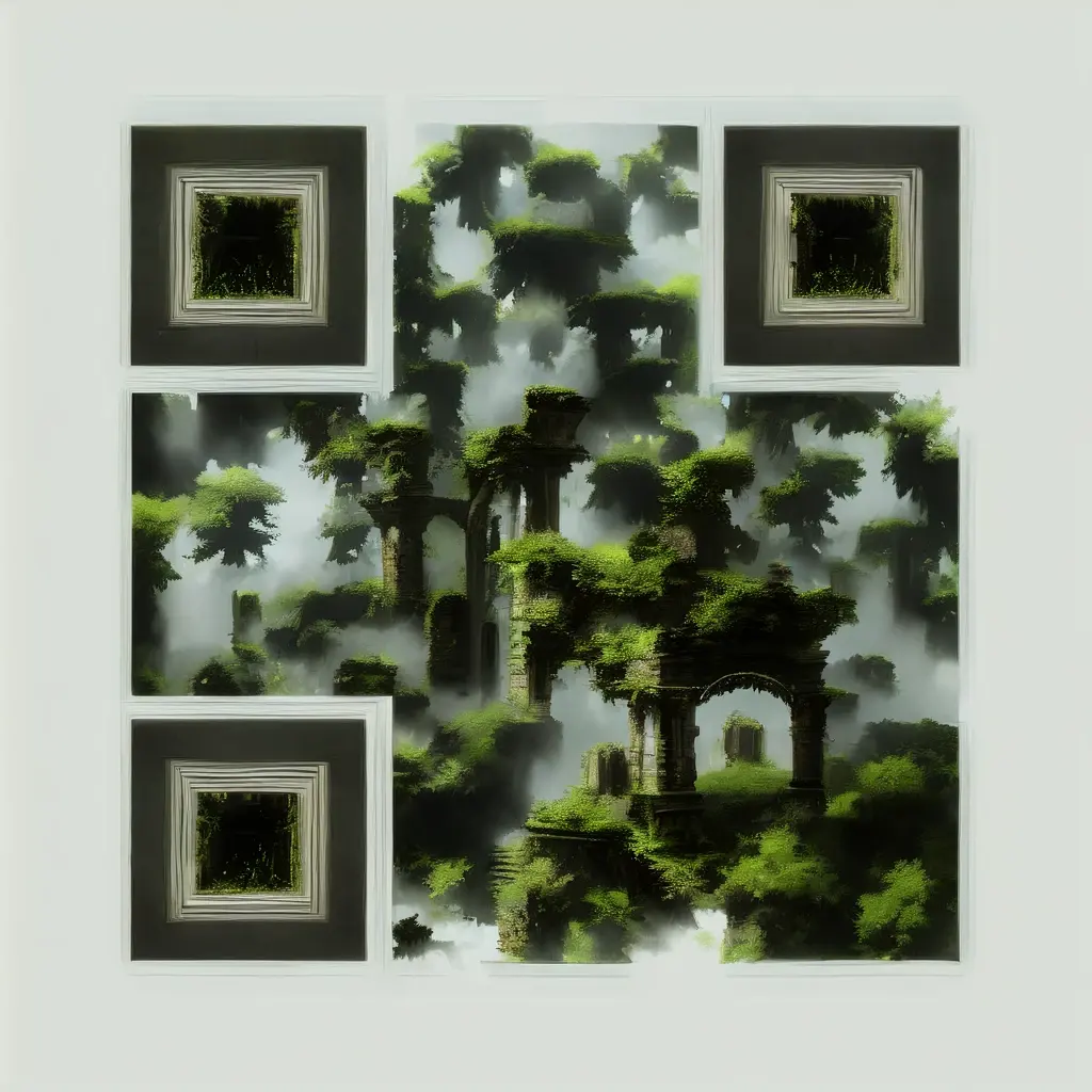 Ancient Ruins In A Misty Forest Photorealistic Great Details Overgrown With Vine