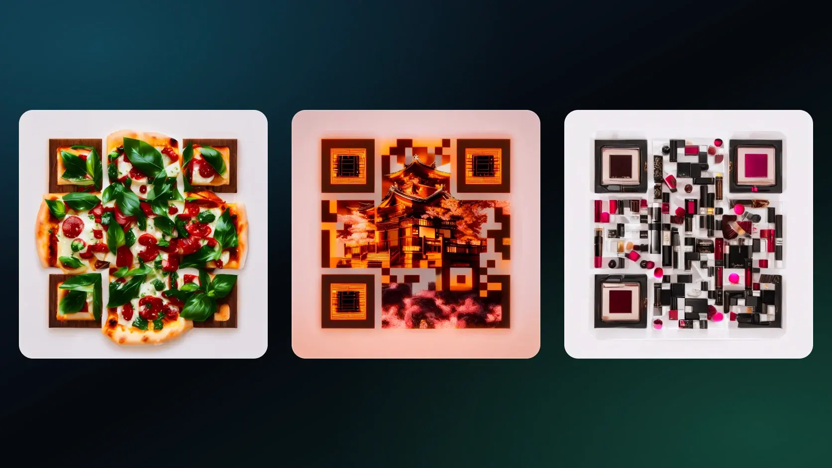 Three Artistic AI QR code templates from the NG QRCode gallery: a wood-fired pizza, a Japanese temple among cherry blossoms, and a cosmetics flat lay