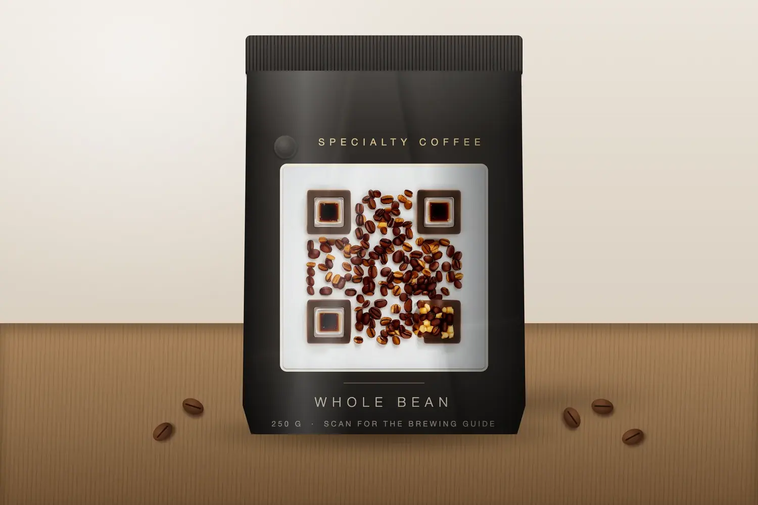 Artistic AI QR code displayed on a specialty coffee bag packaging mockup.