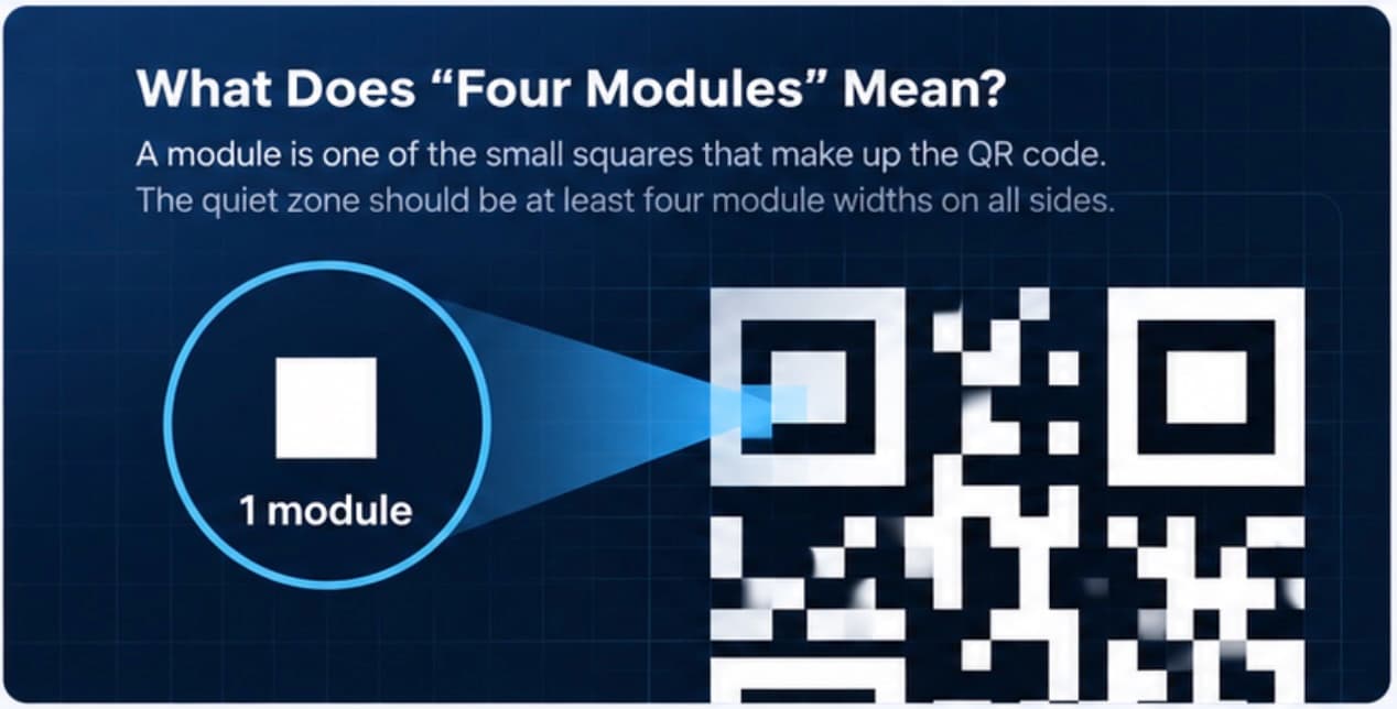 One QR code module magnified, with the quiet zone marked as four module widths on all sides