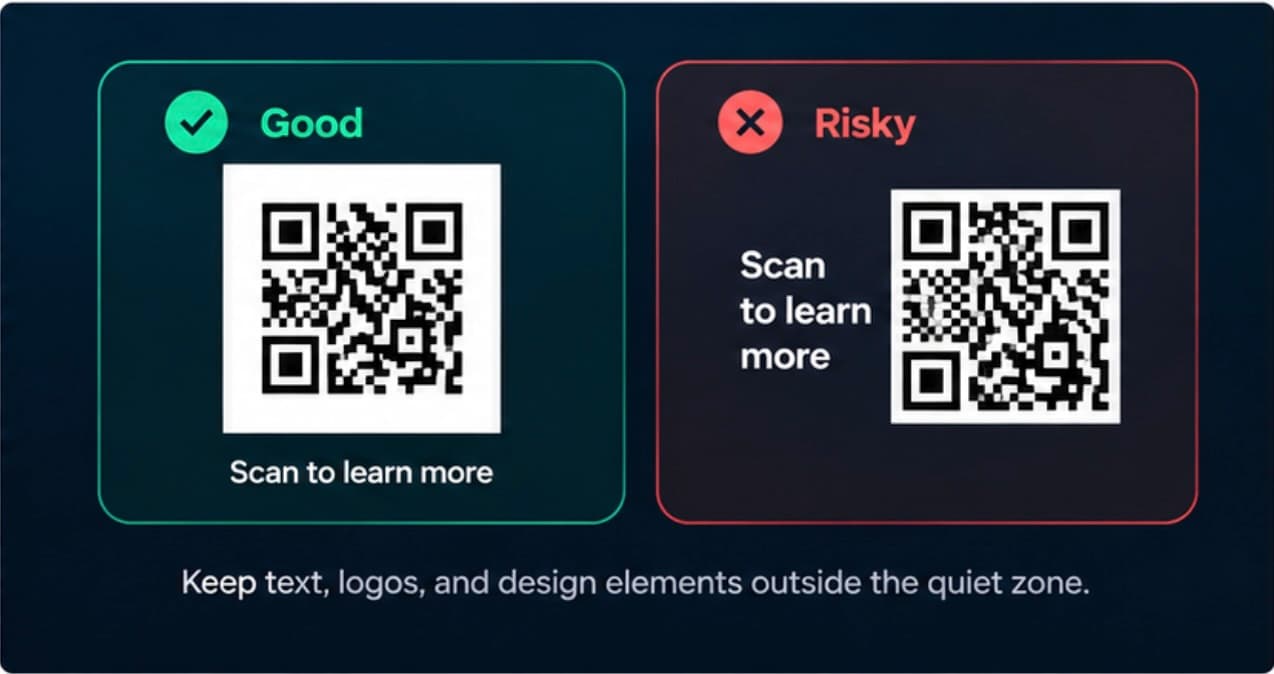 Good example with text placed outside the quiet zone beside a risky example with text pressed against the QR code