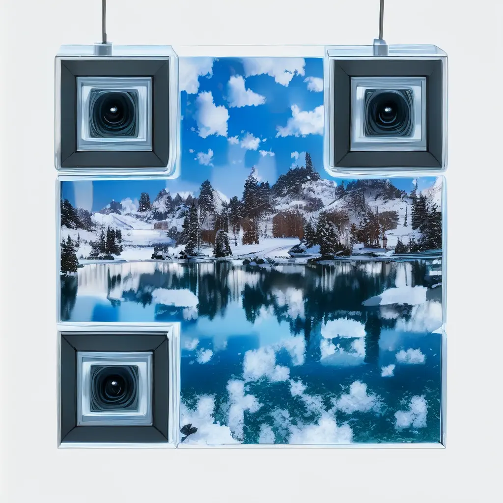 Crystal Clear Alpine Lake Reflecting Snow Topped Pines Photorealistic Sharp Deta