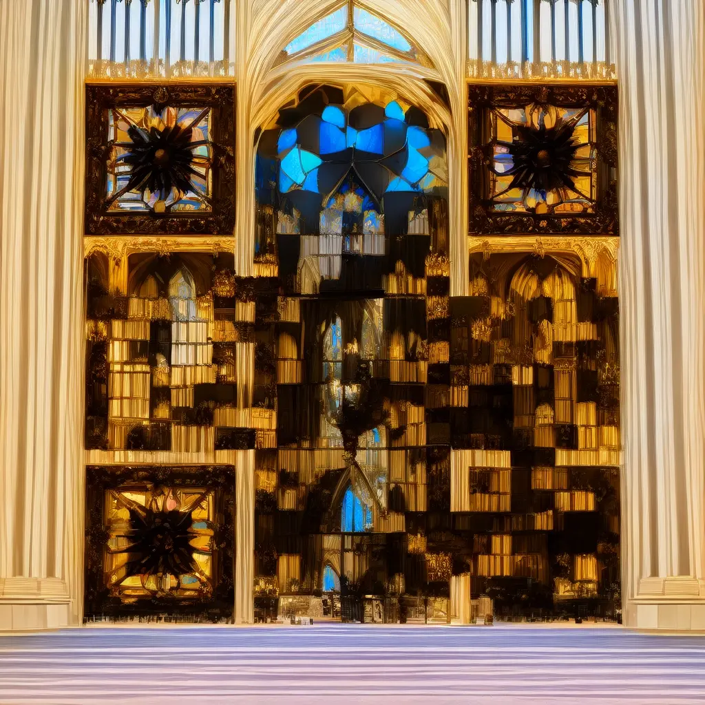 Gothic Cathedral Interior With Towering Stained Glass Windows Dramatic Sunbeams