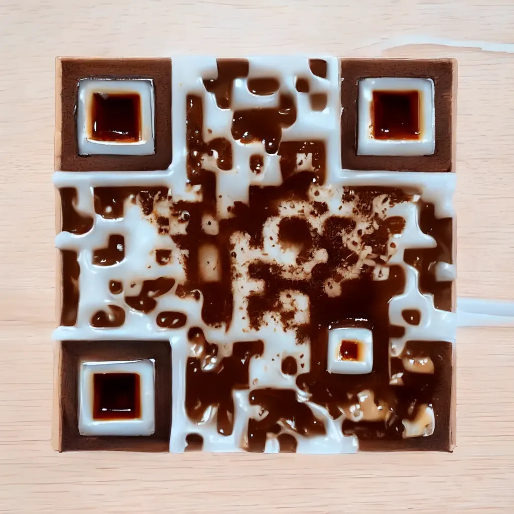 AI QR code design styled as a latte-art heart pour in a ceramic cup on reclaimed wood