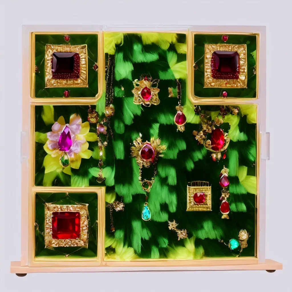 Premium Gemstone Jewelry Display Containing Emerald Necklaces Ruby Rings Sapphir