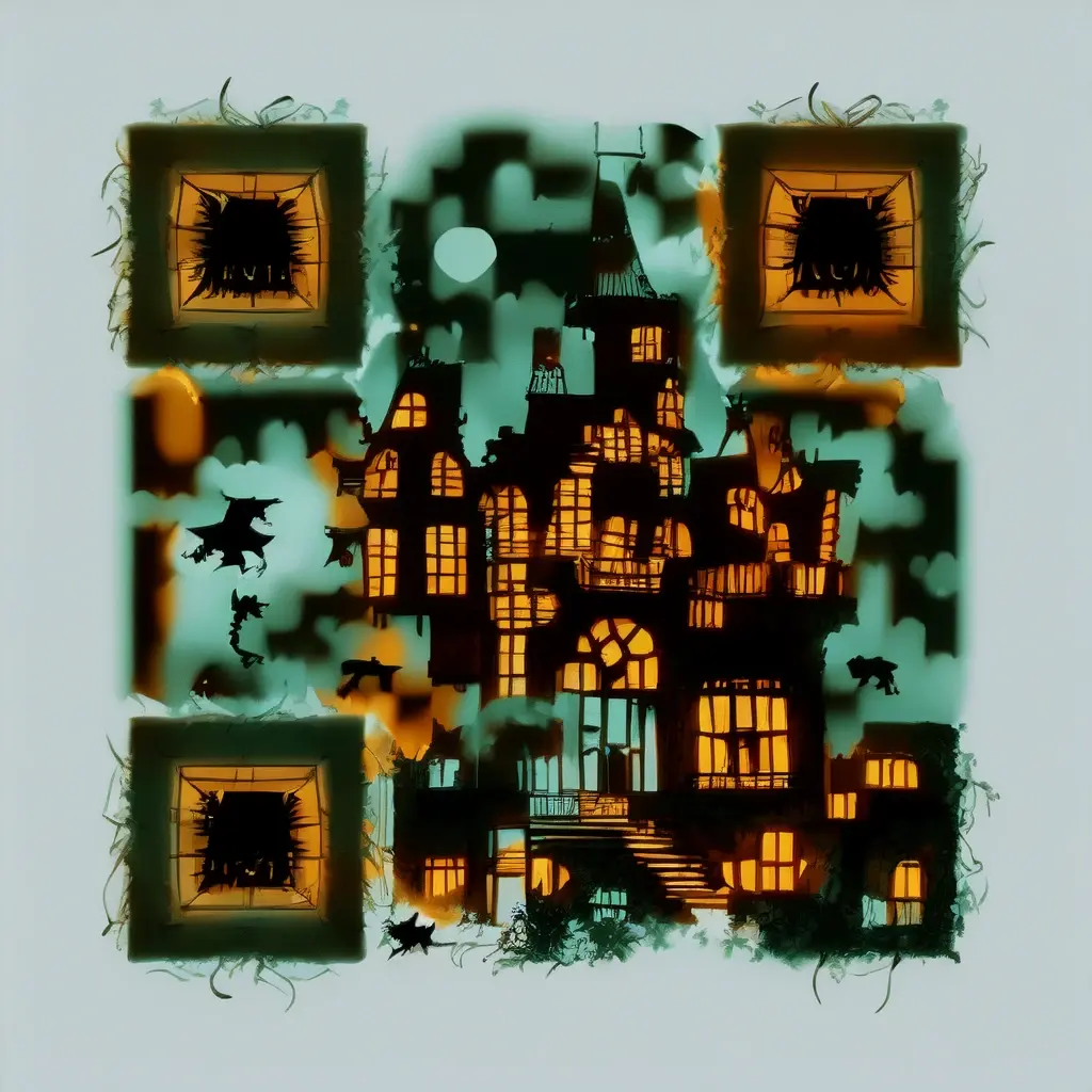 AI QR code design styled as a cartoon mystery gang investigating a foggy haunted house