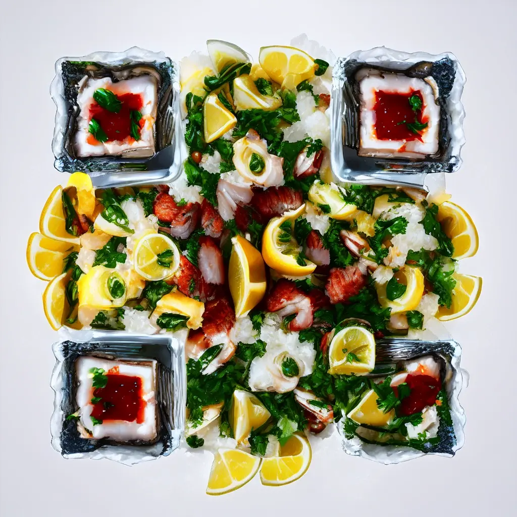 Seafood Platter On Crushed Ice Lemon Wedges And Oysters Photorealistic Textures