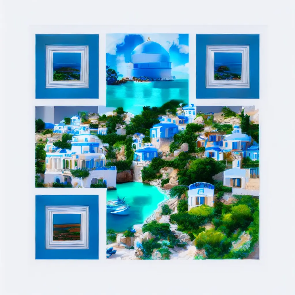 Traditional Greek Island Village With Whitewashed Houses And Blue Domes Overlook
